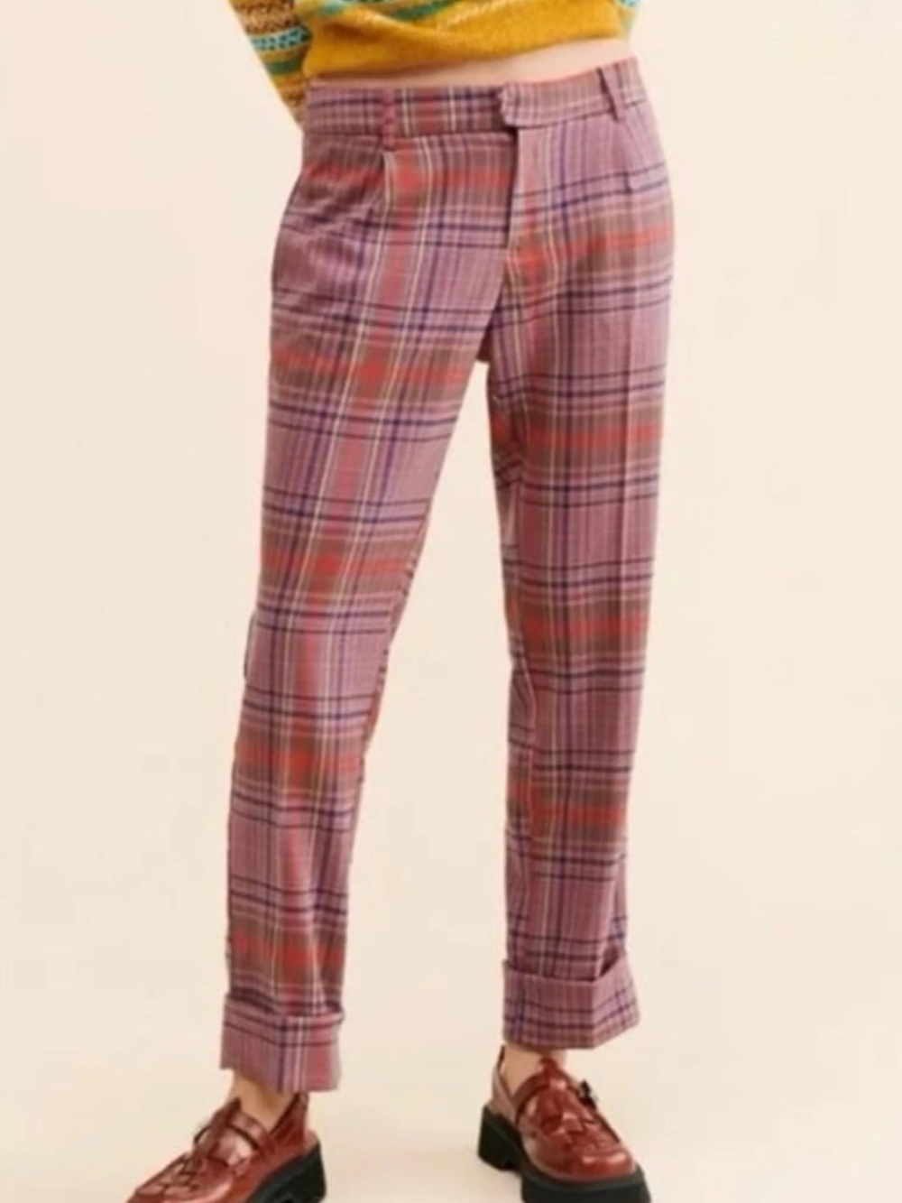 Free People All for Me Pink & Red Plaid Straight-Leg Cuffed Trousers